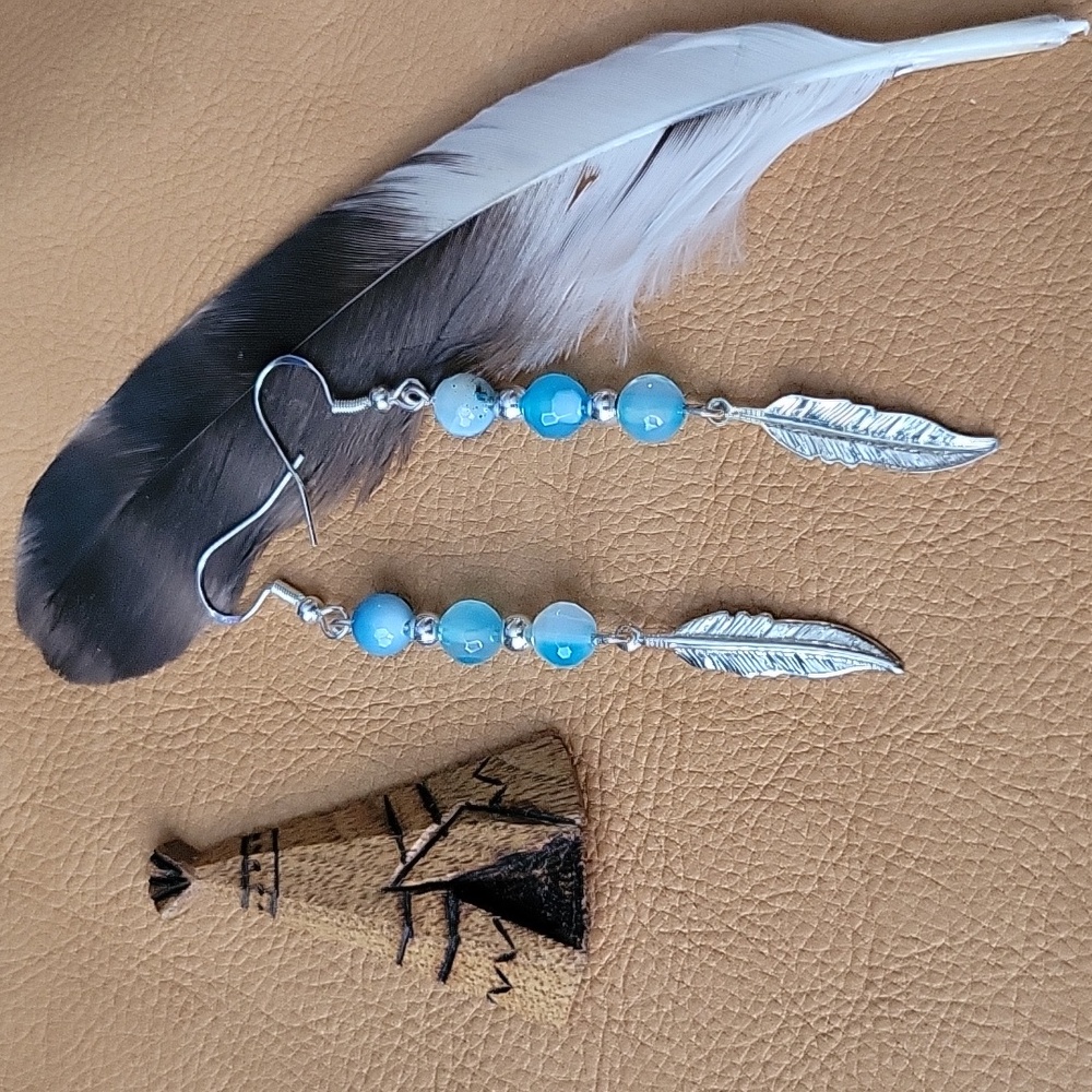 Blue Agate Silver Feather Earrings Southwestern Western Bobo Festival Hippie